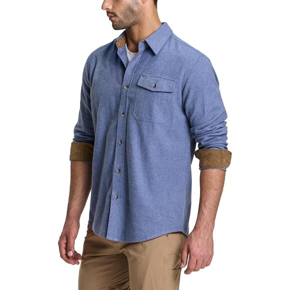 Mens  Corduroy French Blue Cotton Flannel Shirt Long Sleeve Casual Outdoor Plaid - Picture 8 of 9